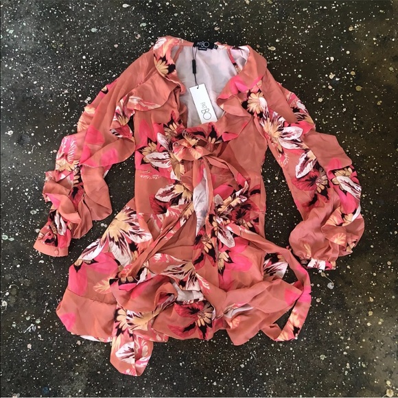 PatBO Floral Carmen Mini Wrap Dress Nude Pink 4 - Picture 5 of 8